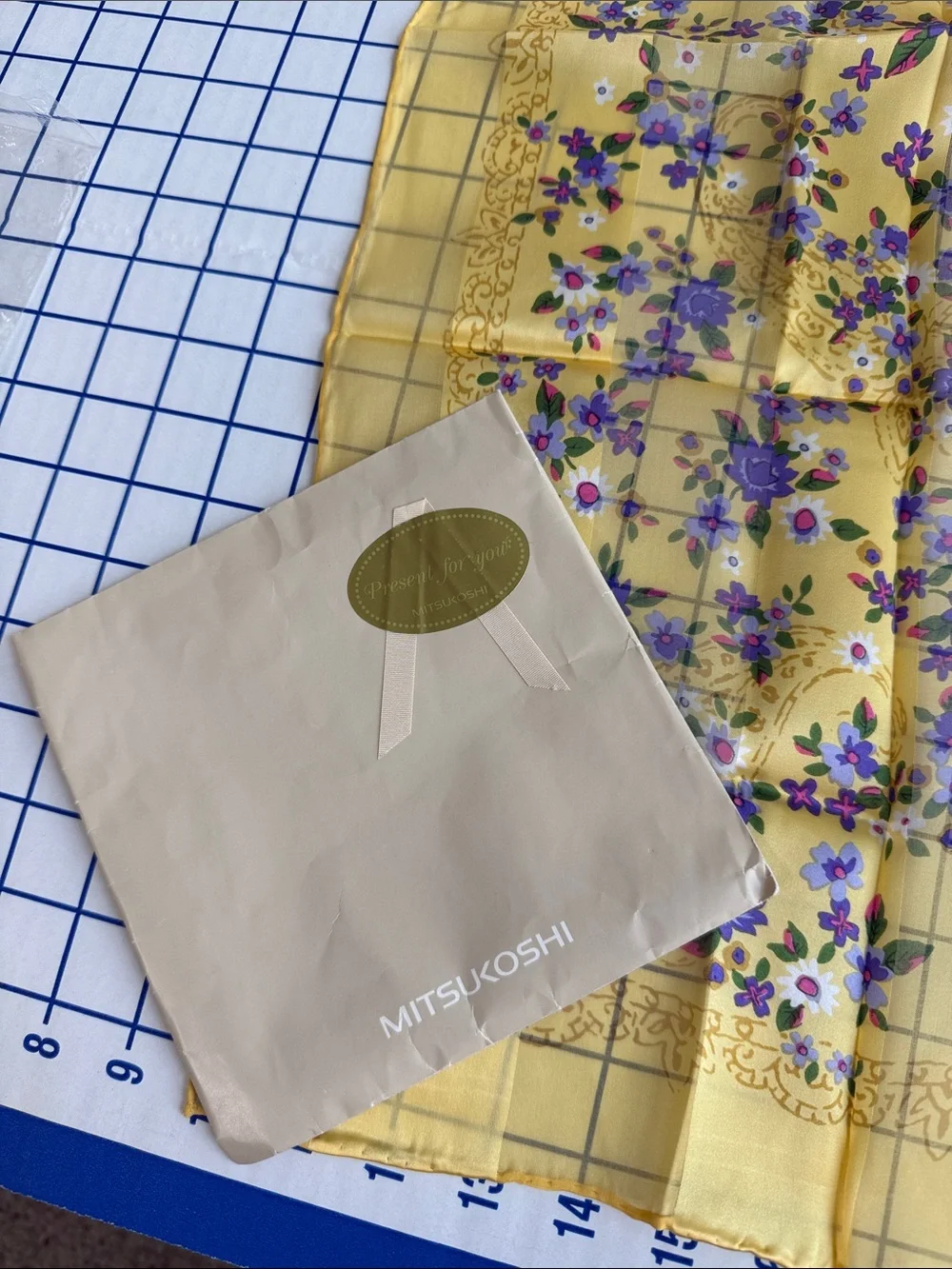 Vintage Mitsukoshi 100% Silk Floral Scarf Yellow Purple Japanese Square 26.5”